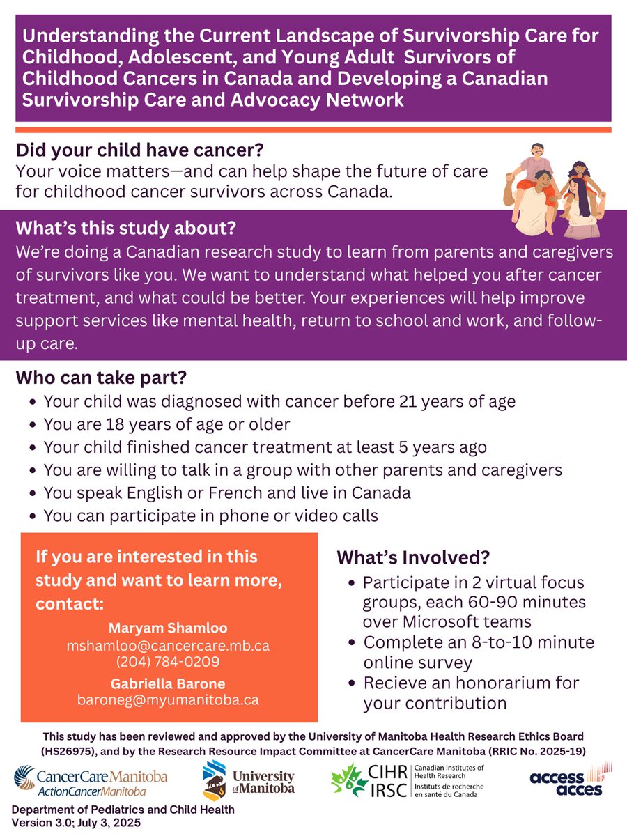 Sapna Oberoi (She/her) (@sapna_pho) on Twitter photo Is your child a #childhoodCancer survivor? Help improve #SurvivorshipCare in Canada by sharing your experience through a survey + 2 virtual focus groups. Your voice matters! <a href="/acces_access/">ACCESS-ACCES</a> <a href="/CCMB_Research/">CancerCare Manitoba Research</a> <a href="/C17Council/">C17 Council</a> <a href="/ChildCancerSurv/">Childhood Cancer Survivor Canada</a> <a href="/CancerCanada1/">Childhood Cancer</a> <a href="/kidscan/">Kids Can</a> <a href="/Leucan/">Leucan</a> <a href="/POGO4kids/">POGO</a> Is your child a #childhoodCancer survivor? Help improve #SurvivorshipCare in Canada by sharing your experience through a survey + 2 virtual focus groups. Your voice matters! <a href="/acces_access/">ACCESS-ACCES</a> <a href="/CCMB_Research/">CancerCare Manitoba Research</a> <a href="/C17Council/">C17 Council</a> <a href="/ChildCancerSurv/">Childhood Cancer Survivor Canada</a> <a href="/CancerCanada1/">Childhood Cancer</a> <a href="/kidscan/">Kids Can</a> <a href="/Leucan/">Leucan</a> <a href="/POGO4kids/">POGO</a>