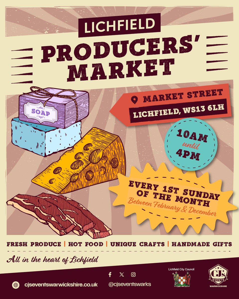 cjseventswarks's tweet image. 🛍️ Lichfield Producers Market is back this Sunday!

Come along, explore, and shop local 🧀🍯🥖
Discover the best of local produce, crafts &amp;amp; more!

📍 Lichfield City Centre | ⏰ 10am until 4pm

#LichfieldMarket #ShopLocal #SupportSmallBusinesses