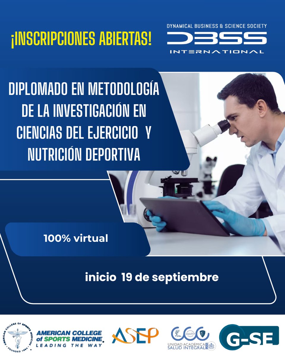 Ya puedes inscribirte a la nueva edición del Diplomado en Metodología de la Investigación en Ciencias del Ejercicio y Nutrición Deportiva. 🧠🔬🏋️

¿Qué esperas para inscribirte?
Puedes encontrar más información y unirte en el siguiente link 🚀
g-se.com/es/formacion/d…