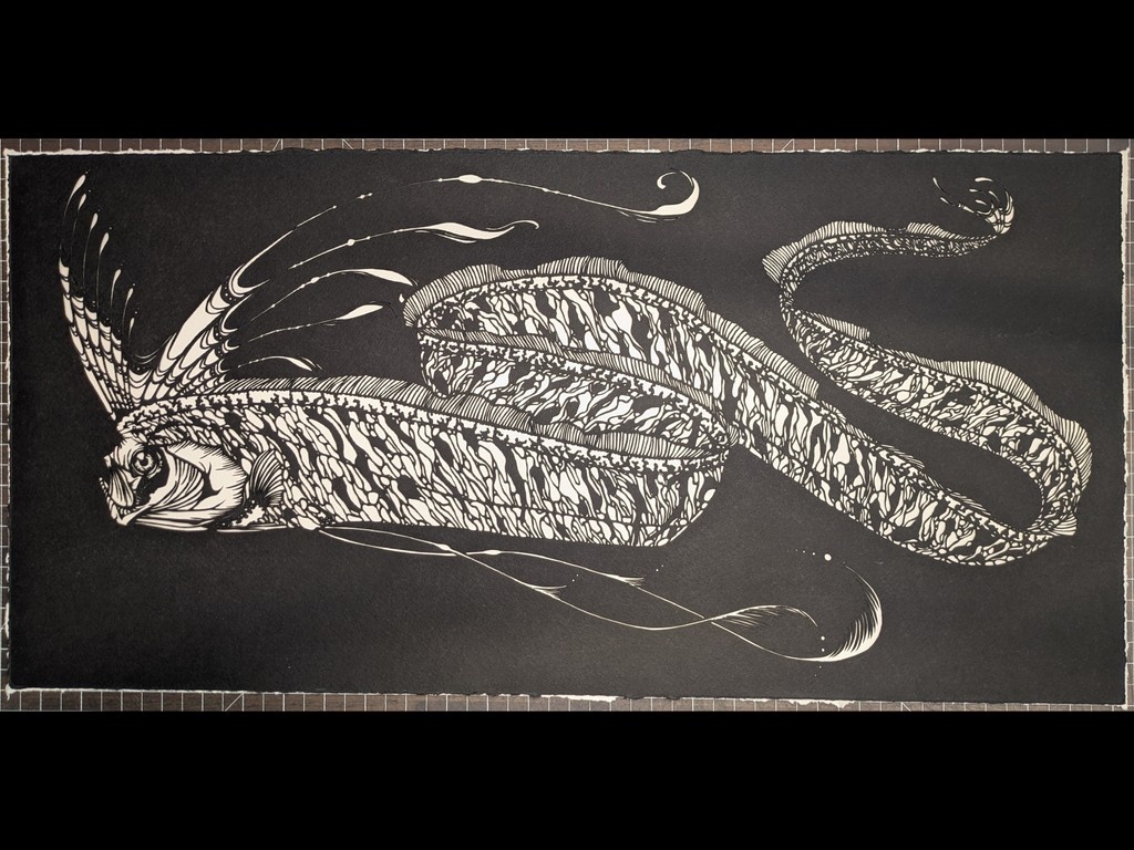 As I head off to Egypt with Ian for the next 10 days to visit family that we haven't seen for 17 years, I'm happy to say that the oarfish is completely cut out! I've been chipping away at embellishing all of the hand cut edges with the shell gold I started preparing last week.