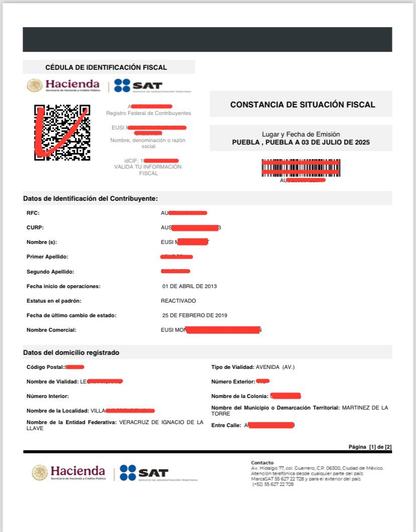 Tenemos Constancias de Situación Fiscal RÁPIDAS🏃🏻‍♂️
📎 Para Personas Físicas y Morales 
✅ Generadas directamente del SAT 
✅ Legibles con código QR 
✅ Salen rápido de 10 min a 2 horas
📌 Solo se ocupa CURP o RFC
Información vía:
📲 WhatsApp: 2311436053
📲 wa.me/522311436053