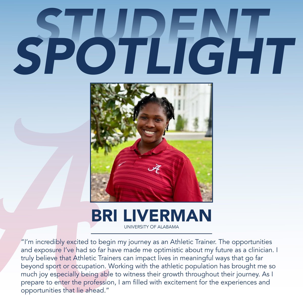 Congrats to Bri Liverman for being this month's student spotlight! She is a Student AT at University of Alabama! Great Job Bri! @atwithbri #StickWithTheBest