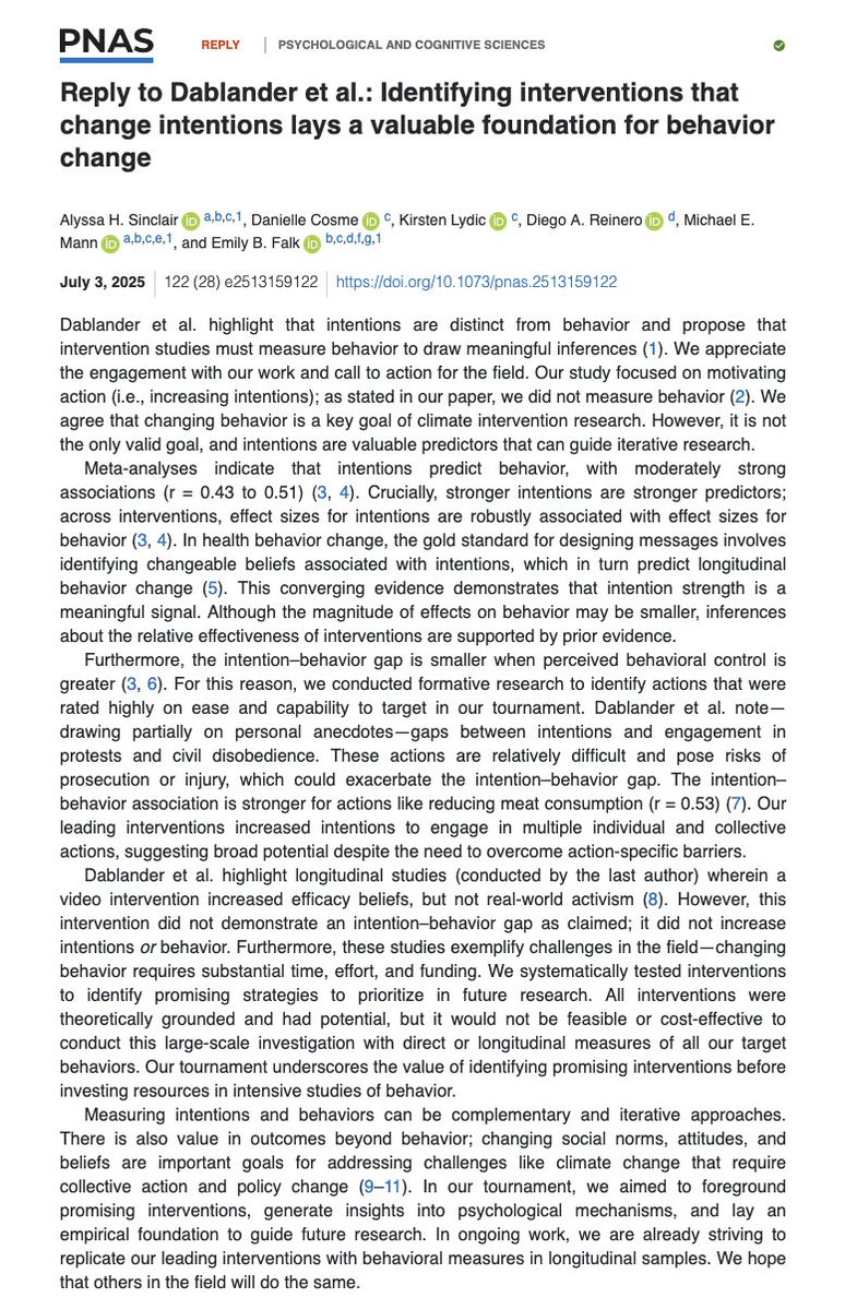 MichaelEMann's tweet image. &quot;Identifying interventions that change intentions lays a valuable foundation for behavior change&quot; | Our (@sinclair_allie et al) response to a comment
on our article earlier this year in @PNASnews:
pnas.org/doi/10.1073/pn…