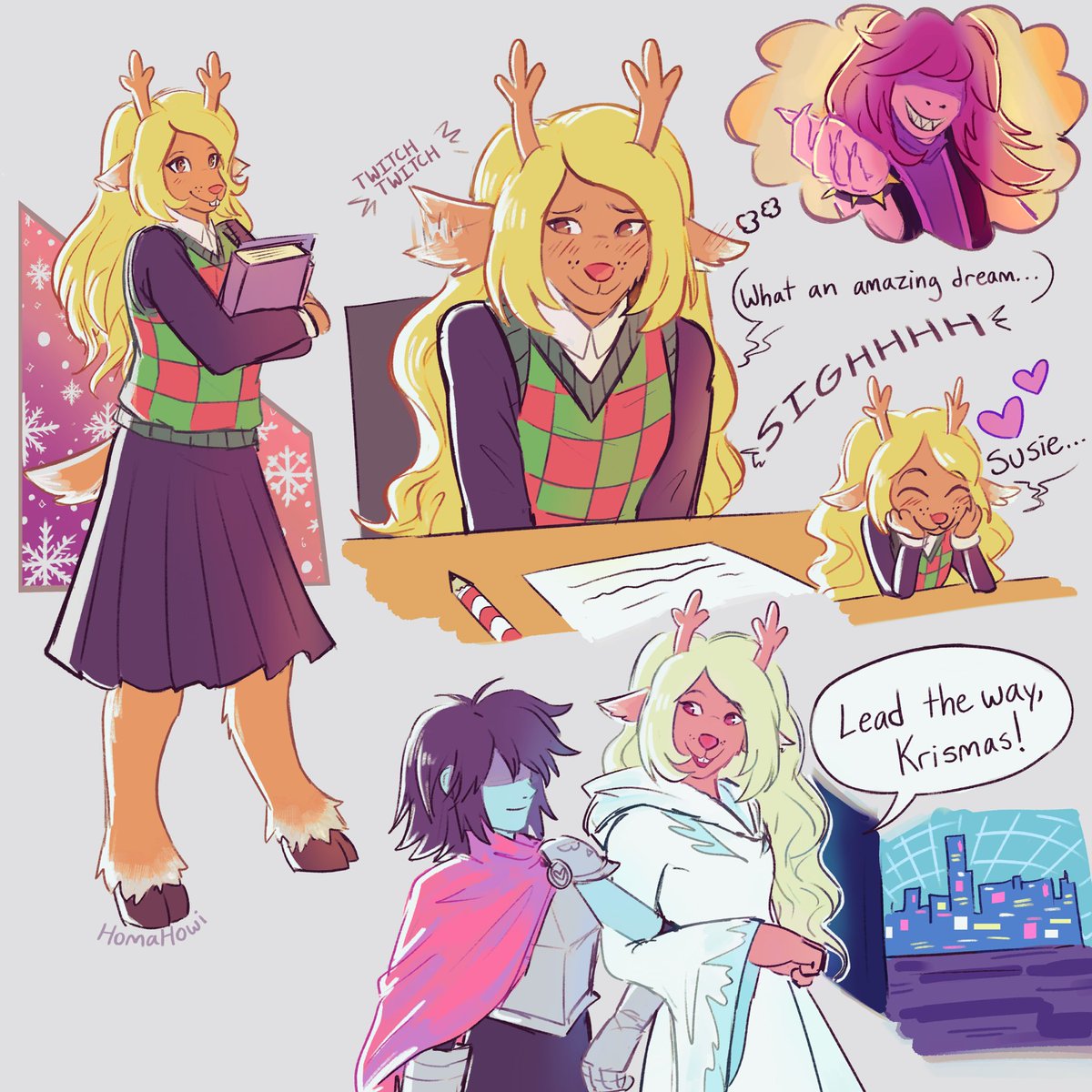 HomaHowiArts's tweet image. Noelle Holiday (+Kris and Suselle crumbs) #DELTARUNE