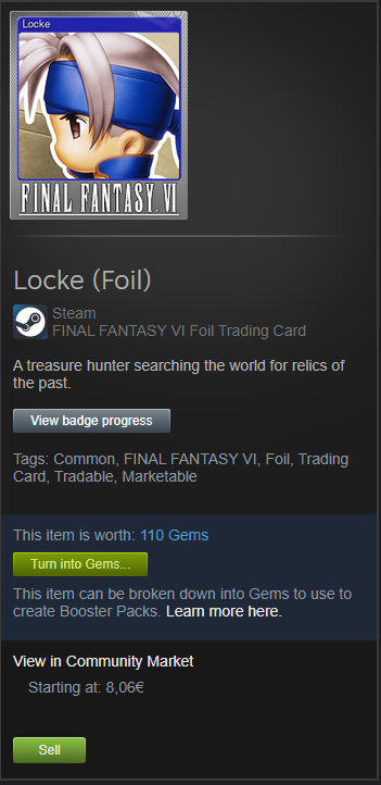 DickStone56's tweet image. Bought FFVI for 11.69 euros and got a foil trading card in 4 hours almost worth the whole game