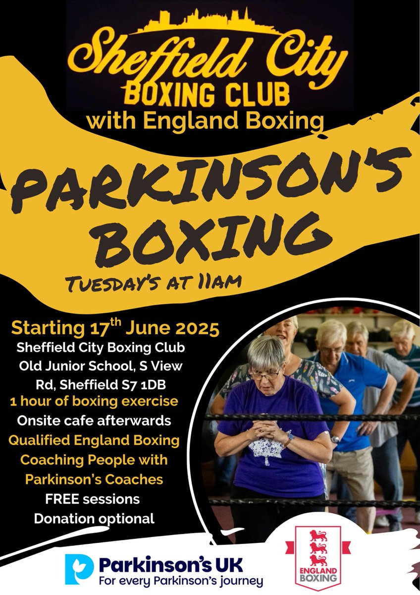 Sheffield City Boxing Club started a free 10-week set of classes for people with #Parkinsons on a Tuesday at 11.00am. Find out more at: facebook.com/SheffieldCityA… or contact Brendan Warburton MBE at bwarbo@yahoo.co.uk or 07791 301984. Worth a try...