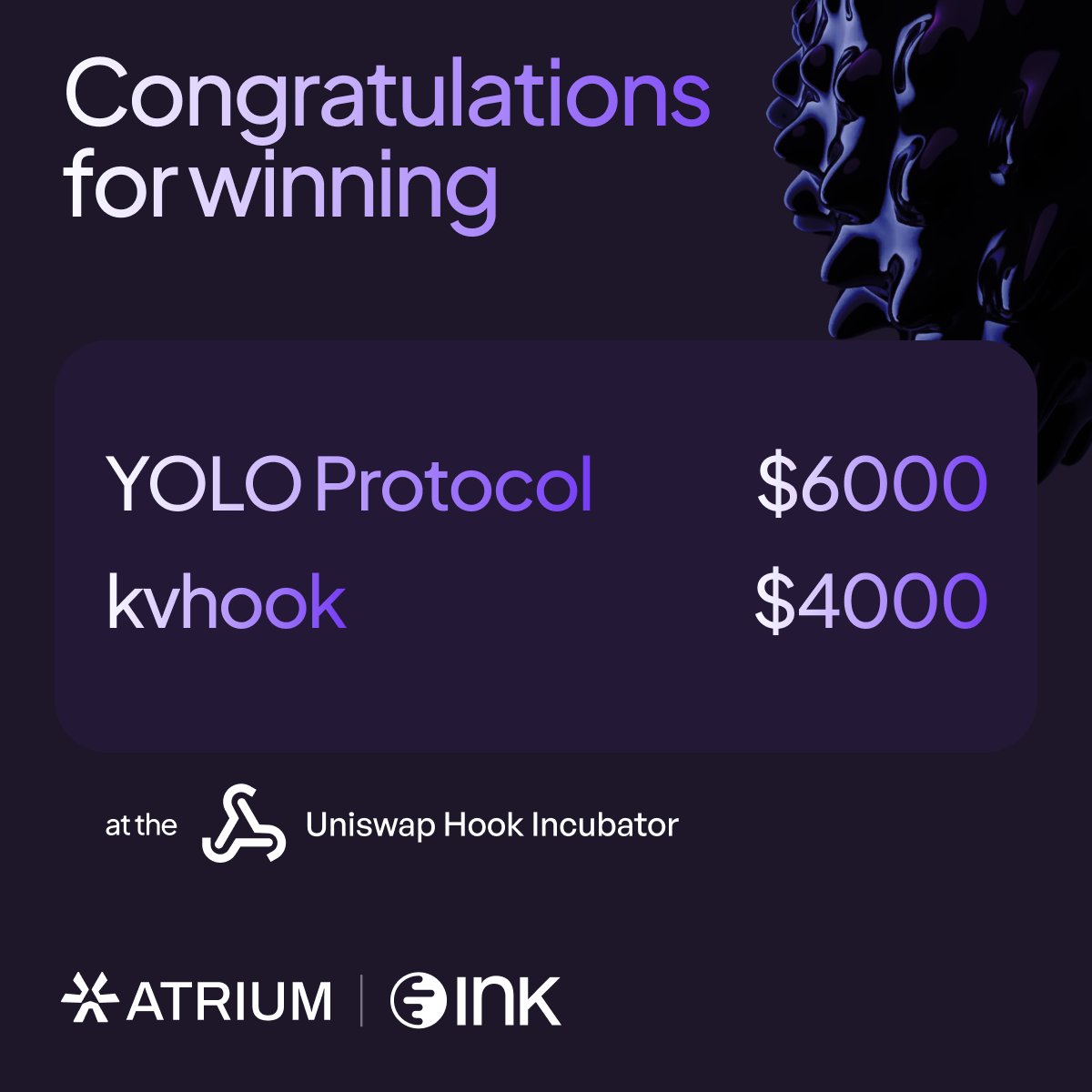 AtriumAcademy's tweet photo. UHI5 hookathon results are in!

Congratulations to these devs for winning the @inkonchain prize 👏

 • YOLO Protocol: @AlvinYap510
 • kvhook: @daniel__boye https://t.co/crLgGGTZZM