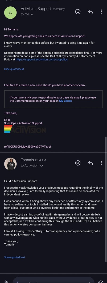 KINGxMONSTA's tweet photo. @Activision @ATVIAssist above are clips of gameplay. &amp; In this reply is the thread of the same canned response I've gotten multiple times, the ban &amp; my complaint with the CDCA. I've also filed with the FTC &amp; BBB https://t.co/bfZiElgpo6