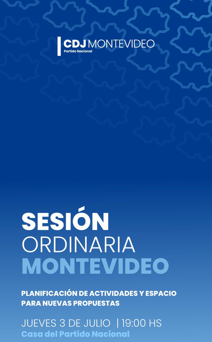 CDJ Montevideo (@cdj_montevideo) on Twitter photo Sesión ordinaria ‼️
Nos reunimos 19hrs para conversar sobre la Convención del <a href="/PNACIONAL/">Partido Nacional</a> y poner tema sobre la mesa de cara a nuestra agenda joven en montevideo. Sesión ordinaria ‼️
Nos reunimos 19hrs para conversar sobre la Convención del <a href="/PNACIONAL/">Partido Nacional</a> y poner tema sobre la mesa de cara a nuestra agenda joven en montevideo.