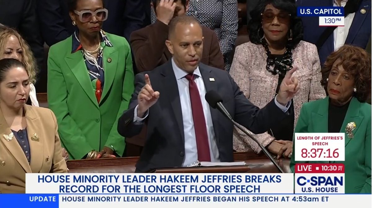 Longest House floor speech in history.

Thank you for standing for the American people, <a href="/RepJeffries/">Hakeem Jeffries</a>.