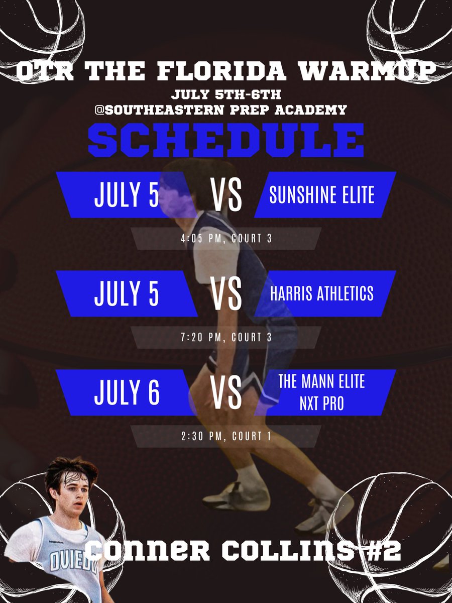 Conner Collins (@czc_829) on Twitter photo Looking forward to <a href="/OTRHoops/">On the Radar Hoops Events</a> The Florida Warmup this weekend! Excited for the strong competition and to be back on the court with <a href="/Morse_Tate/">Tate Morse</a> and my Oviedo Magic Elite team! See my schedule below and come check me out! <a href="/OntheRadarHoops/">Shun Williams</a> Looking forward to <a href="/OTRHoops/">On the Radar Hoops Events</a> The Florida Warmup this weekend! Excited for the strong competition and to be back on the court with <a href="/Morse_Tate/">Tate Morse</a> and my Oviedo Magic Elite team! See my schedule below and come check me out! <a href="/OntheRadarHoops/">Shun Williams</a>