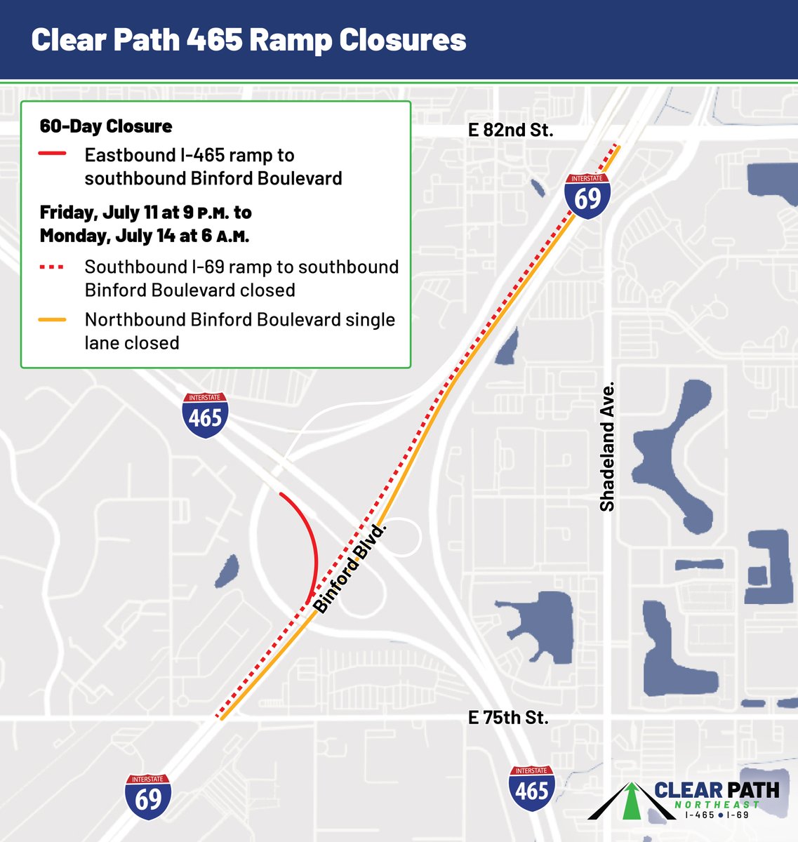 ClearPath465's tweet image. Traffic Alert: Eastbound I-465 ramp to Binford Boulevard closing for up to 60 days starting next Friday.

bit.ly/3Idq4Xe