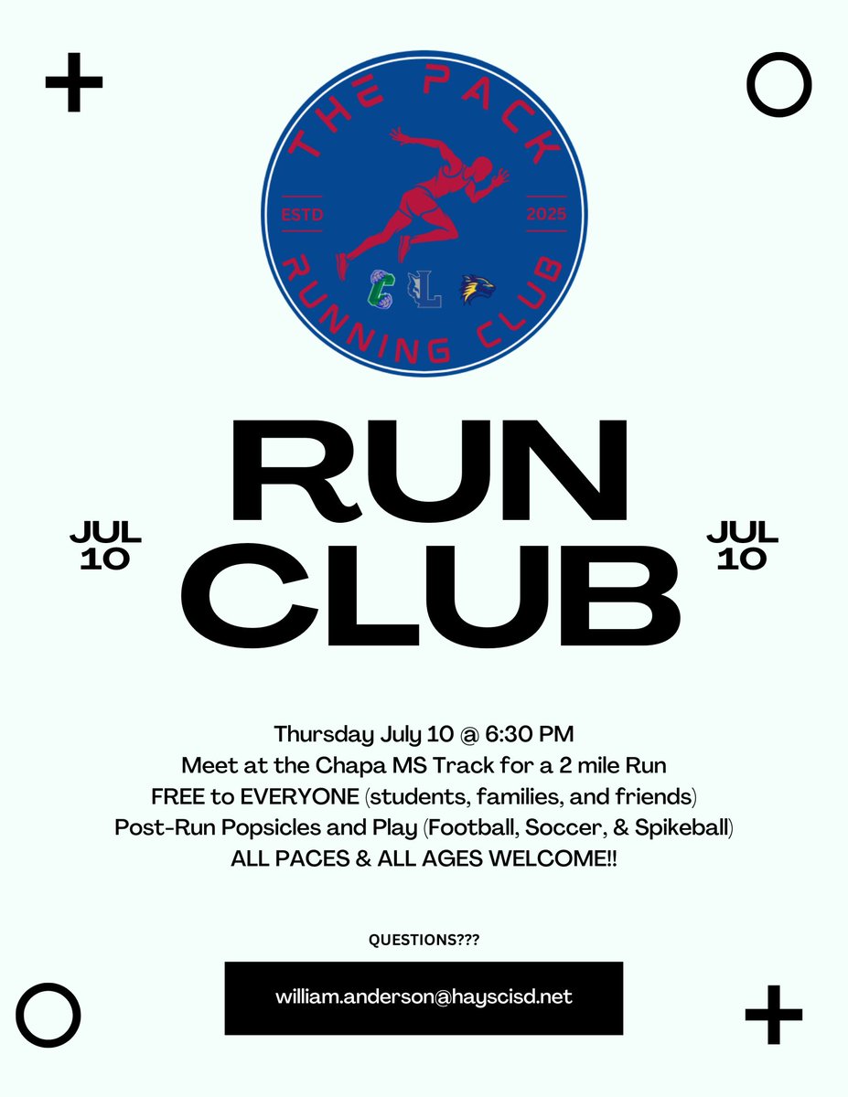 Will Anderson (@willandersonpv) on Twitter photo Come #RunWithThePack — everyone is invited to come run with us!!
🏃♂️2 Miles — ALL PACES
📍Chapa MS Track
📅Thursday 7/10
⏰6:30 PM
🍦Post-Run Popsicles & Play
<a href="/LehmanLobosAth/">LHS Lobos Athletics</a> <a href="/CoachCCastillo/">Chris Castillo</a> Come #RunWithThePack — everyone is invited to come run with us!!
🏃♂️2 Miles — ALL PACES
📍Chapa MS Track
📅Thursday 7/10
⏰6:30 PM
🍦Post-Run Popsicles & Play
<a href="/LehmanLobosAth/">LHS Lobos Athletics</a> <a href="/CoachCCastillo/">Chris Castillo</a>