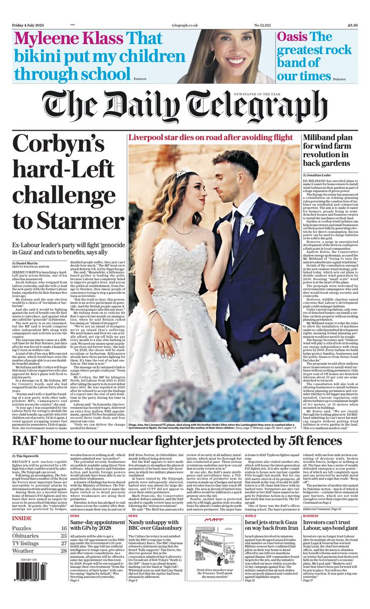 The front page of today's Daily Telegraph: 'Corbyn's hard-Left challenge to  Starmer' #TomorrowsPapersToday, image size:730x1200
