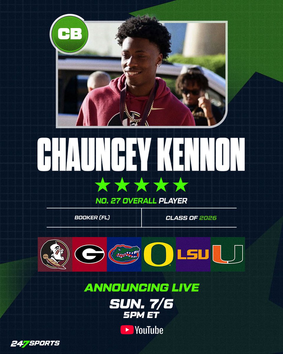 BREAKING: 5-star CB Chauncey Kennon will announce his college commitment LIVE on 247Sports 🚨

Kennon is the No. 27 overall ranked prospect in the 2026 class

⏰: July 6 - 5PM ET / 4PM CT
📺: youtube.com/live/UKH3NmhCA…