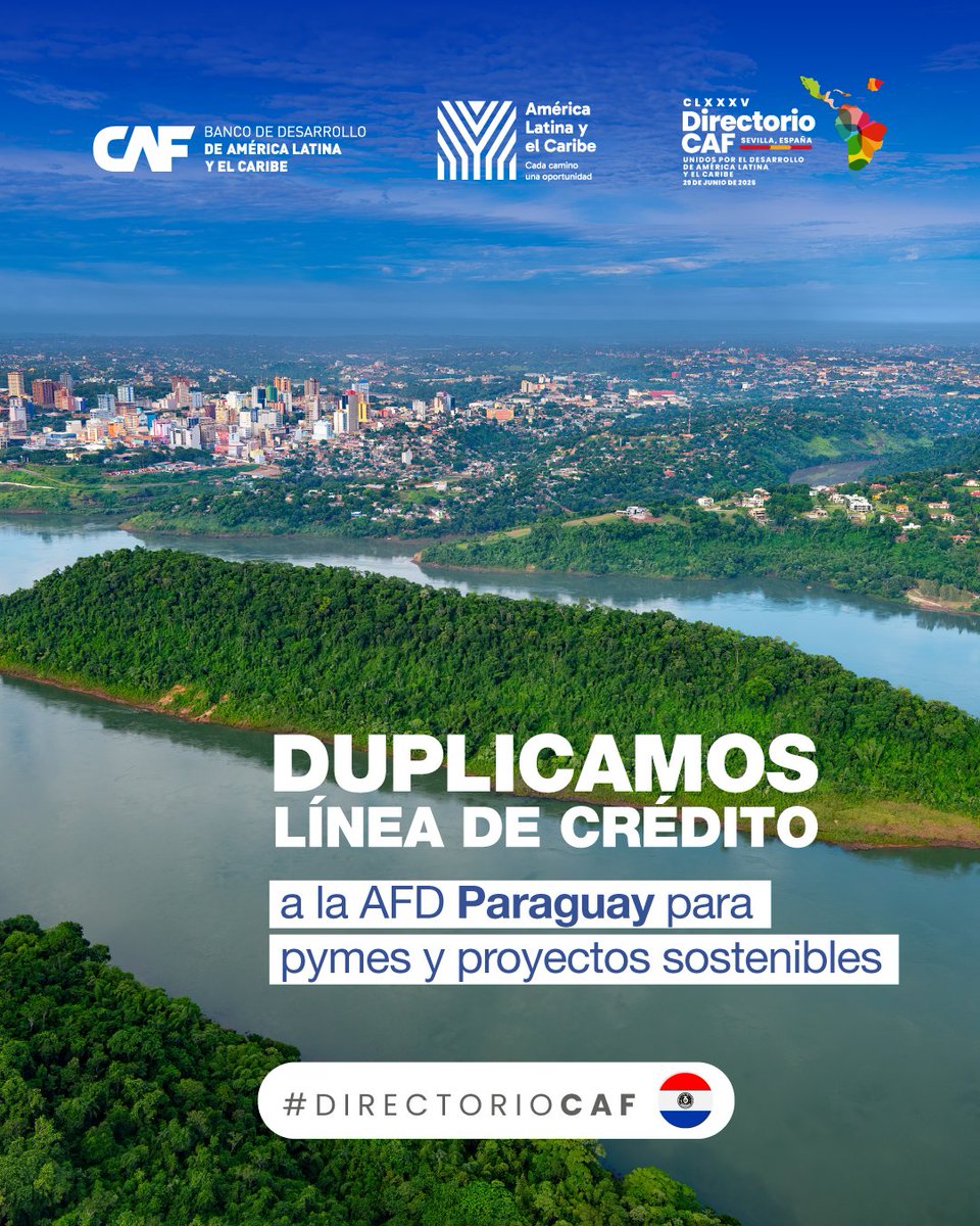 🇵🇾 Directorio CAF aprobó duplicar la línea de crédito a la AFD de Paraguay, elevándola a USD 100 millones.

Los recursos impulsarán a más de 100 pymes con foco en eficiencia energética, negocios verdes e infraestructura productiva, fortaleciendo el desarrollo económico sostenible
