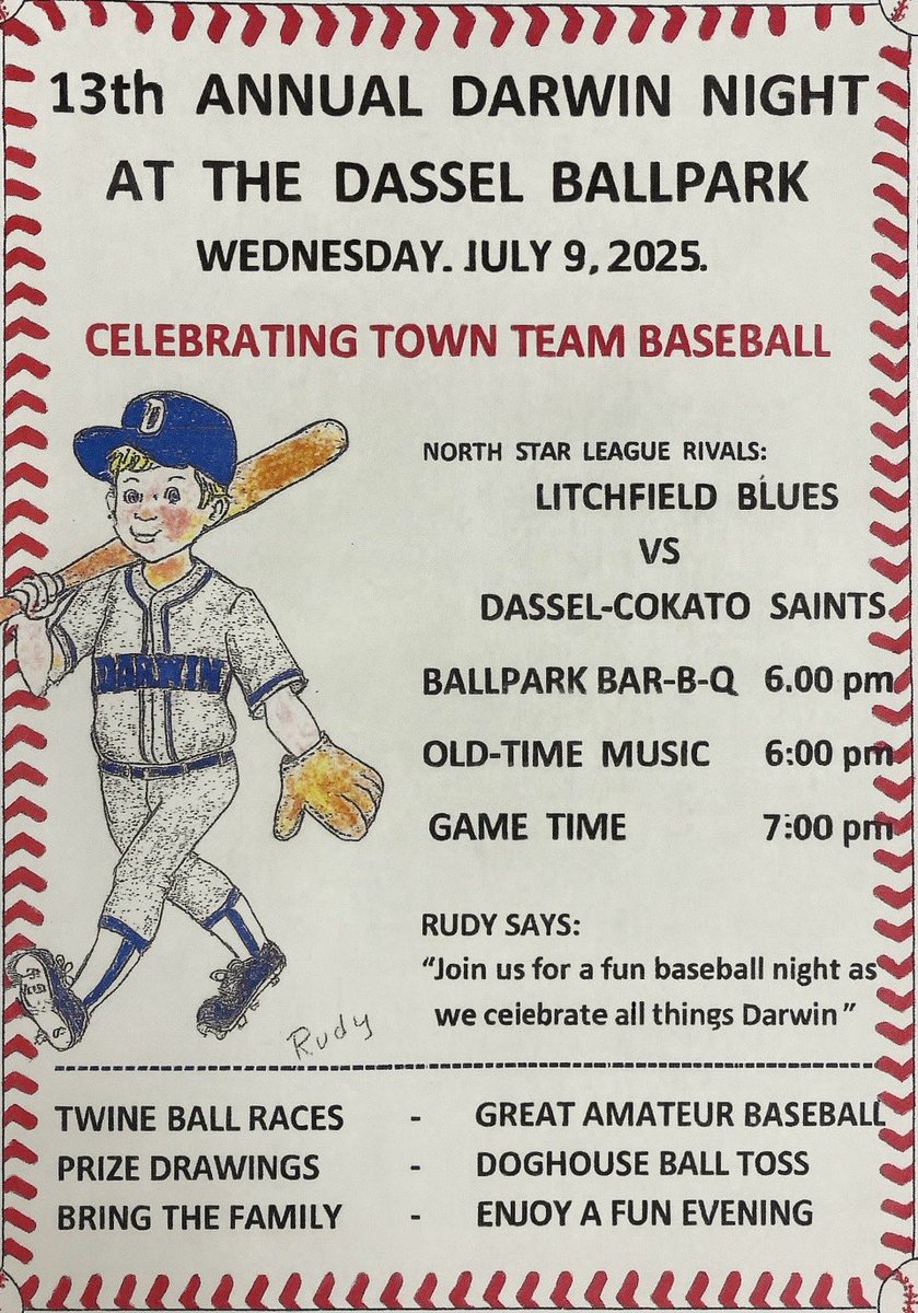 Josh Johnson (@darwinmnmayor) on Twitter photo Darwin Night at the Ballpark is this coming Wednesday! Be sure to pick up your free tickets at Darwin area businesses and join as we celebrate town team baseball and all things Darwin. A great game, giveaways, and fun are assured. Thanks again to <a href="/DCSaints/">Dassel-Cokato Saints</a> for hosting and to the Darwin Night at the Ballpark is this coming Wednesday! Be sure to pick up your free tickets at Darwin area businesses and join as we celebrate town team baseball and all things Darwin. A great game, giveaways, and fun are assured. Thanks again to <a href="/DCSaints/">Dassel-Cokato Saints</a> for hosting and to the