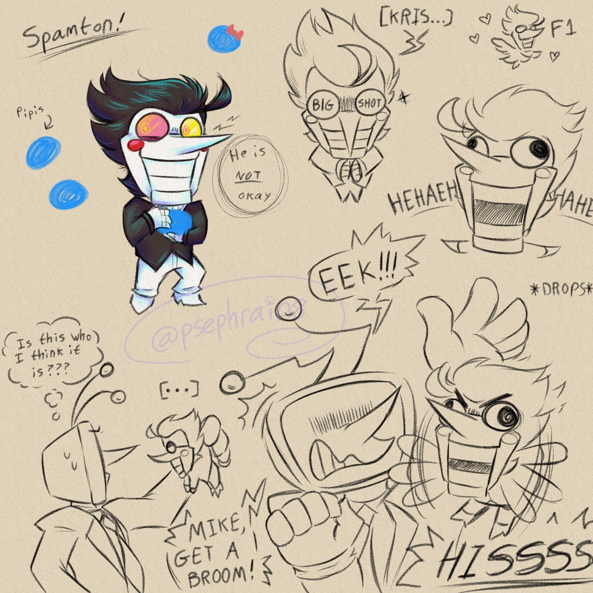 PsephRain8's tweet image. Been using these quick fan art doodles for warm-ups; something clicked in my brain with the Fun Gang doodle I did along the lines of “oh yeah, I CAN just do that without fully rendering everything each time”!
Anyways more #deltarune, here’s my attempts at Spamton, Noelle and Dess