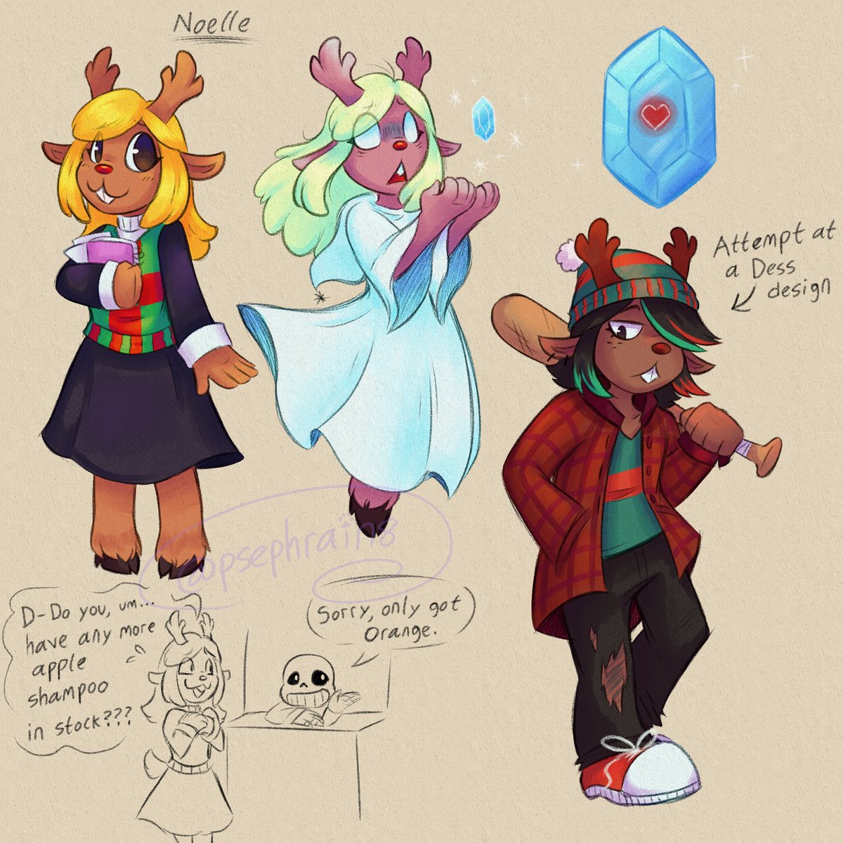 PsephRain8's tweet image. Been using these quick fan art doodles for warm-ups; something clicked in my brain with the Fun Gang doodle I did along the lines of “oh yeah, I CAN just do that without fully rendering everything each time”!
Anyways more #deltarune, here’s my attempts at Spamton, Noelle and Dess