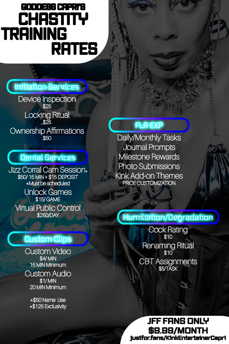 Check out My new Chastity Training Menu. Guaranteed to make you lock-in for My pleasure. 

CHASTITY | ORGASM CONTROL | BDSM | FEMDOM | FLR | COCK CAGE | SUBBY | KEY HOLDER | LOCK | YES GODDESS