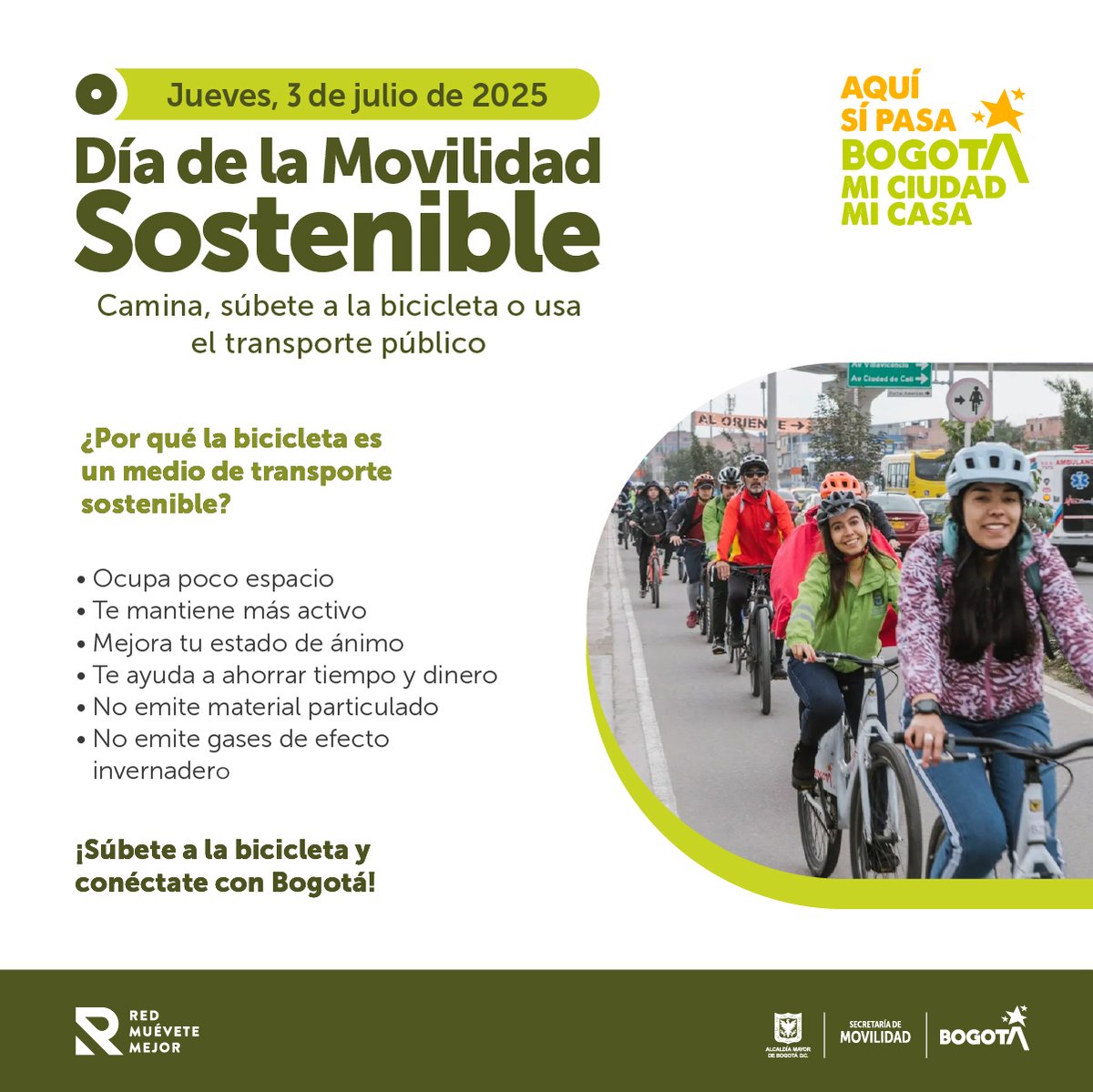 ❗DÍA DE LA MOVILIDAD SOSTENIBLE 🛴🚶🏽‍♂️🚲🚋🚌
La Universidad Distrital adopta esta jornada los primeros jueves de cada mes (día hábil), de 5:00 a.m. a 9:00 p.m.; en el marco del Decreto 037 de 2019.

#RedMuéveteMejor #YoTransformoUD <a href="/SectorMovilidad/">Movilidad Bogotá</a>