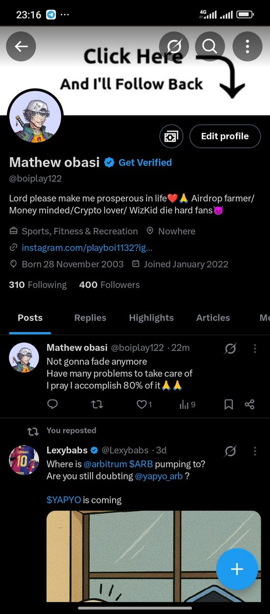 Just hit 400 followers 
I no de dull here follow for follow 
I de very fast🔥