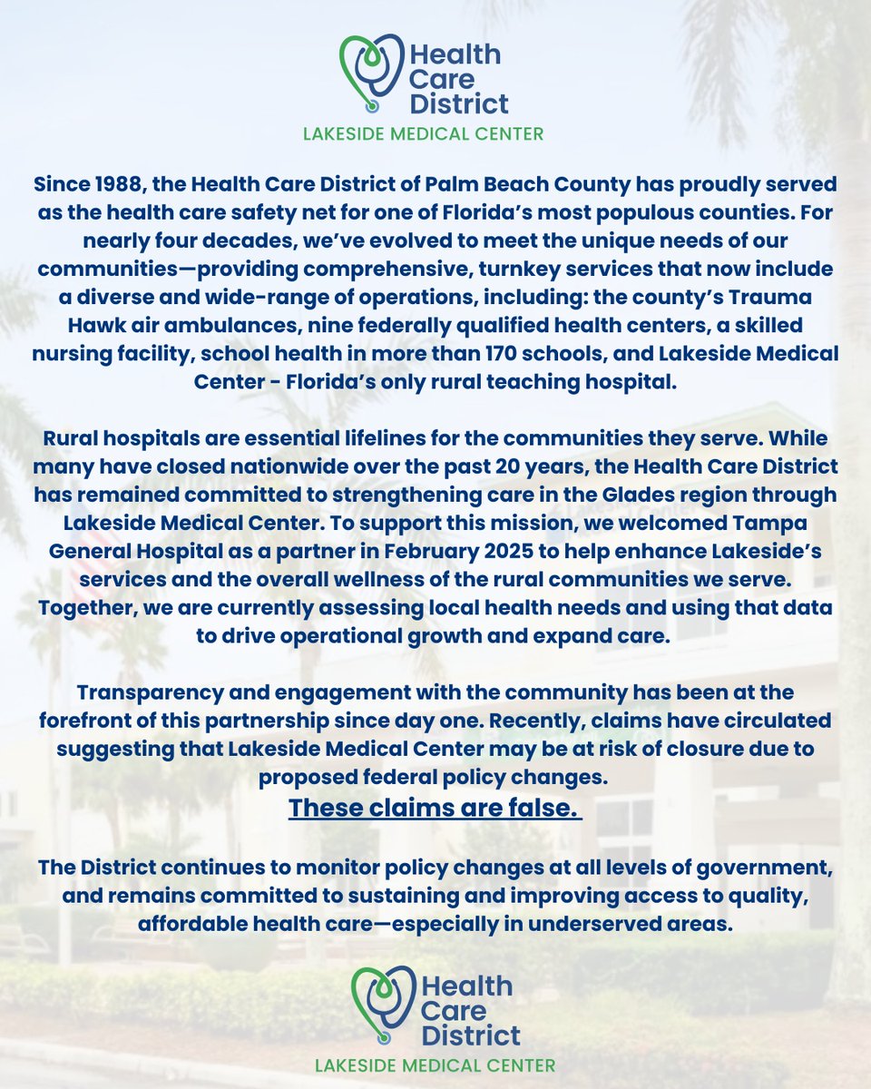 Claims have circulated stating that Lakeside Medical Center may be at risk of closure due to federal policy changes. These claims are false. Our full statement below reaffirms our commitment to the health and wellness of the Glades community.