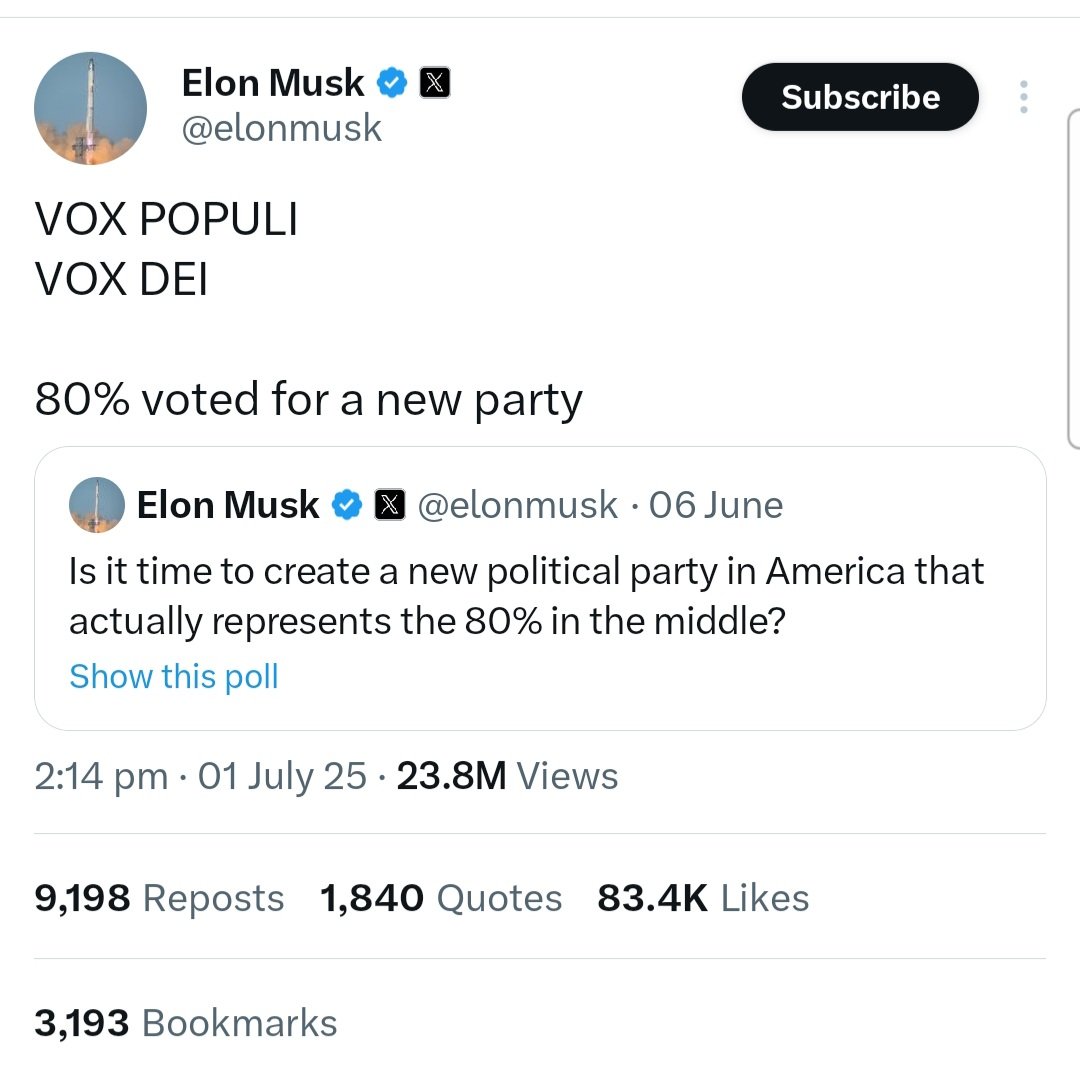 As <a href="/realDonaldTrump/">Donald J. Trump</a>'s big and beautiful bill has now passed the House, let's see if <a href="/elonmusk/">Elon Musk</a> keeps his promise and launches the America party tomorrow.
What do you think?
#Elon #trumpvsmusk #BigBeautifulBill