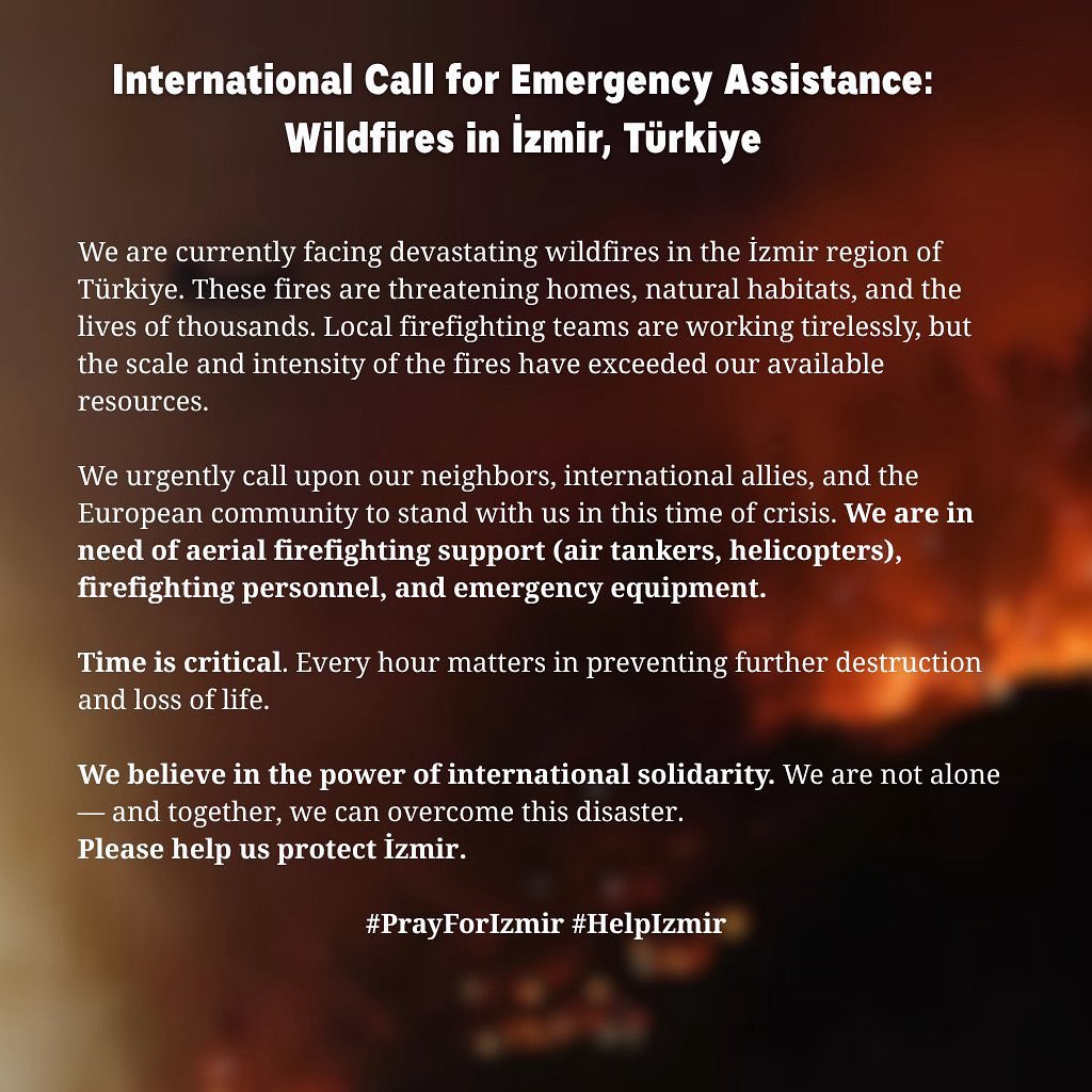 cagriyildirim's tweet photo. Devastating wildfires rage in Izmir, Türkiye, threatening homes and lives. Local teams are overwhelmed; we urgently need international aerial firefighting support and equipment. Time is critical. Please help us protect Izmir. #HelpTurkey https://t.co/ZDcYpXV00c