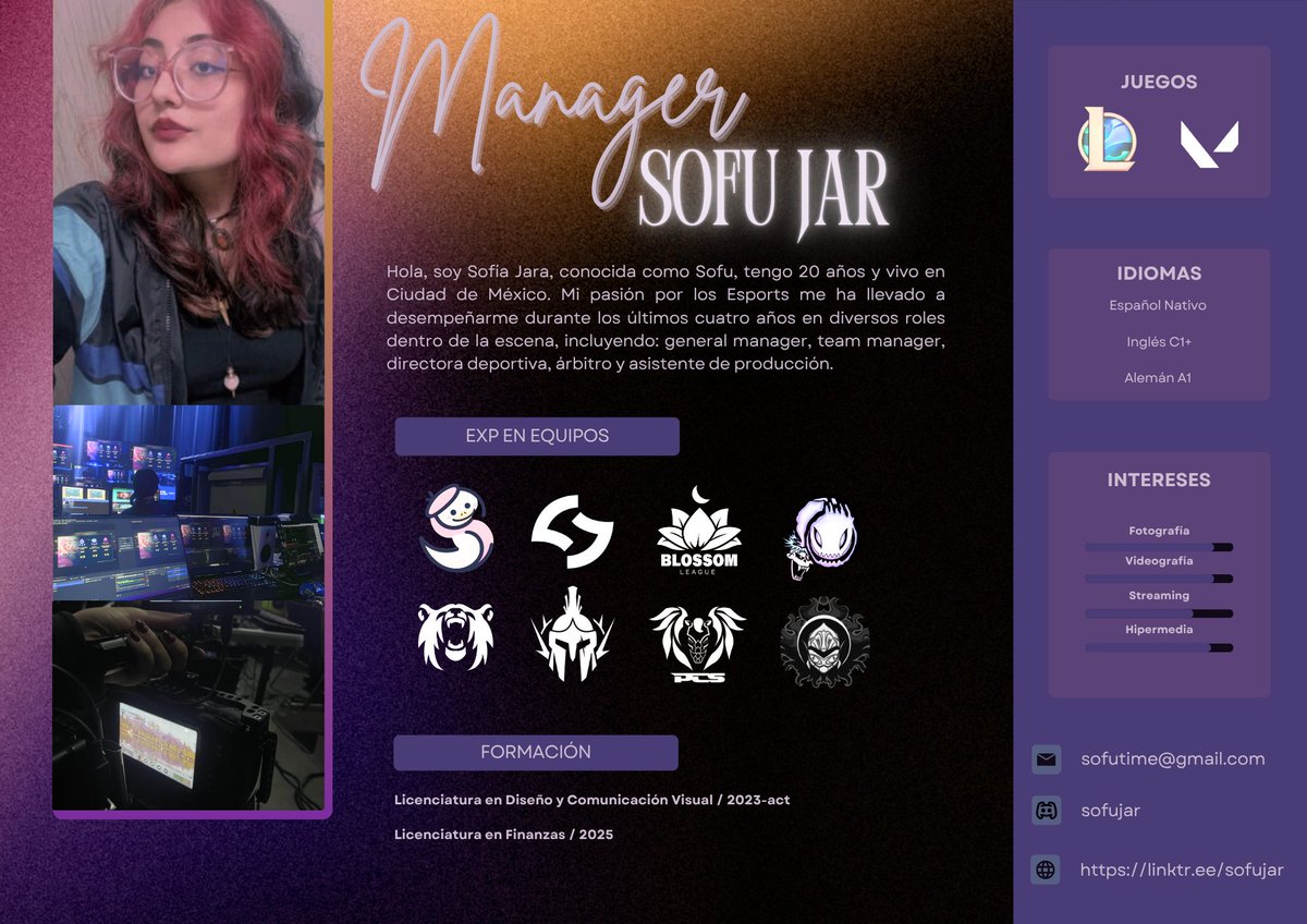 Sofu Jar (@sofujar) on Twitter photo LFT Team Manager F/A
Mini CV actualizado para recibir ofertas durante 2025
💌 sofutime@gmail.com
Aprecio RT’s LFT Team Manager F/A
Mini CV actualizado para recibir ofertas durante 2025
💌 sofutime@gmail.com
Aprecio RT’s