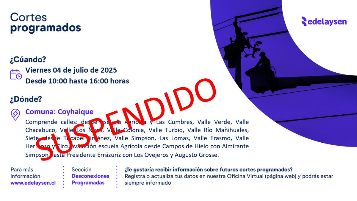 ¡ATENCIÓN! Comunicamos que por motivo de fuerza mayor se SUSPENDE #CorteProgramado para mañana viernes 04 de julio de 2025 en #Coyhaique. La reprogramación de este corte será avisada oportunamente.