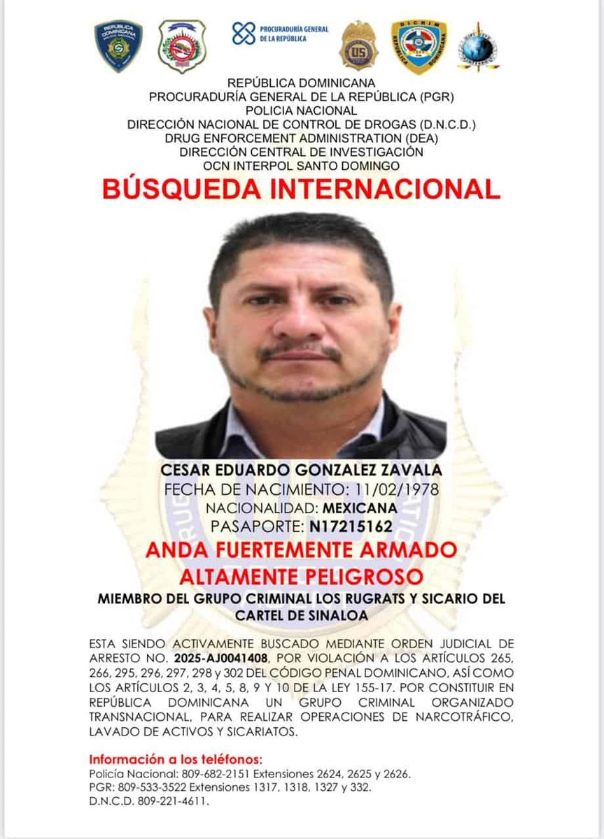 _theinfostream's tweet image. DEA, INTERPOL, and Dominican authorities are searching for four members of the "LOS RUGRATS" armed group of the Sinaloa Cartel, a faction of "LA MAYIZA."
The fugitives face charges for drug trafficking and other crimes in the Dominican Republic. Authorities are requesting public…