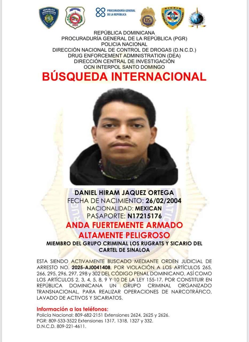 _theinfostream's tweet image. DEA, INTERPOL, and Dominican authorities are searching for four members of the "LOS RUGRATS" armed group of the Sinaloa Cartel, a faction of "LA MAYIZA."
The fugitives face charges for drug trafficking and other crimes in the Dominican Republic. Authorities are requesting public…