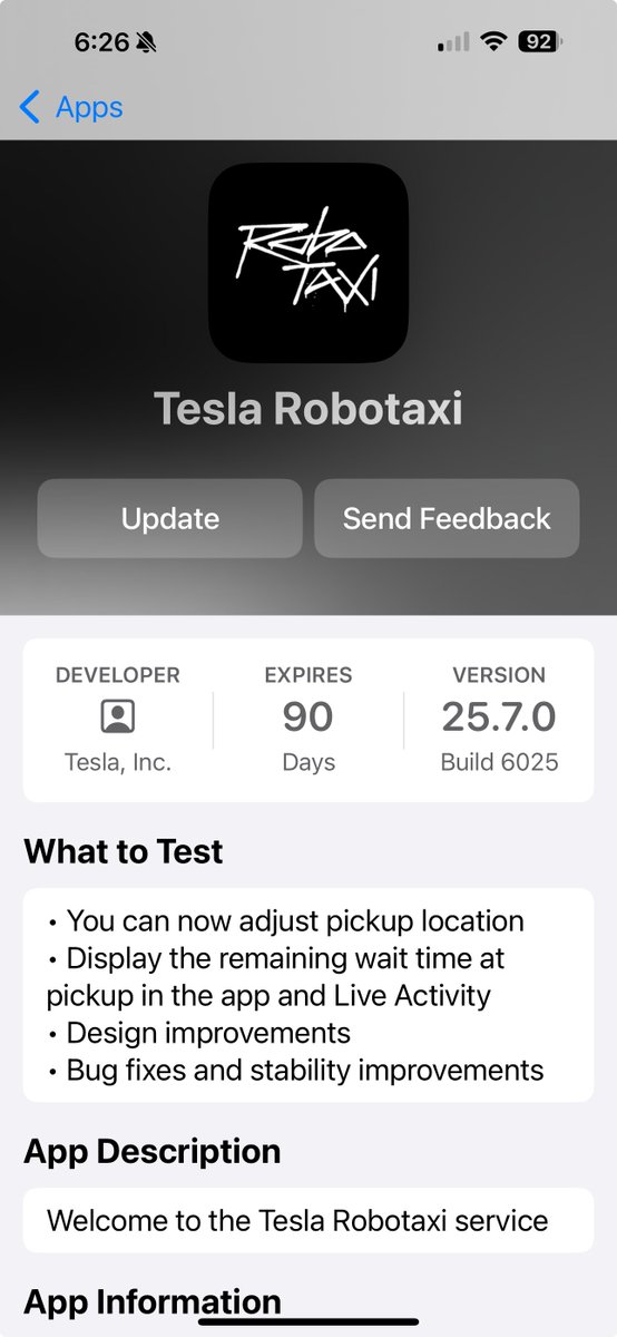 chazman's tweet image. A new Testflight version of the @robotaxi app just dropped. I am not in Austin, Tx to test it, but this is what the update says. @Tesla_AI