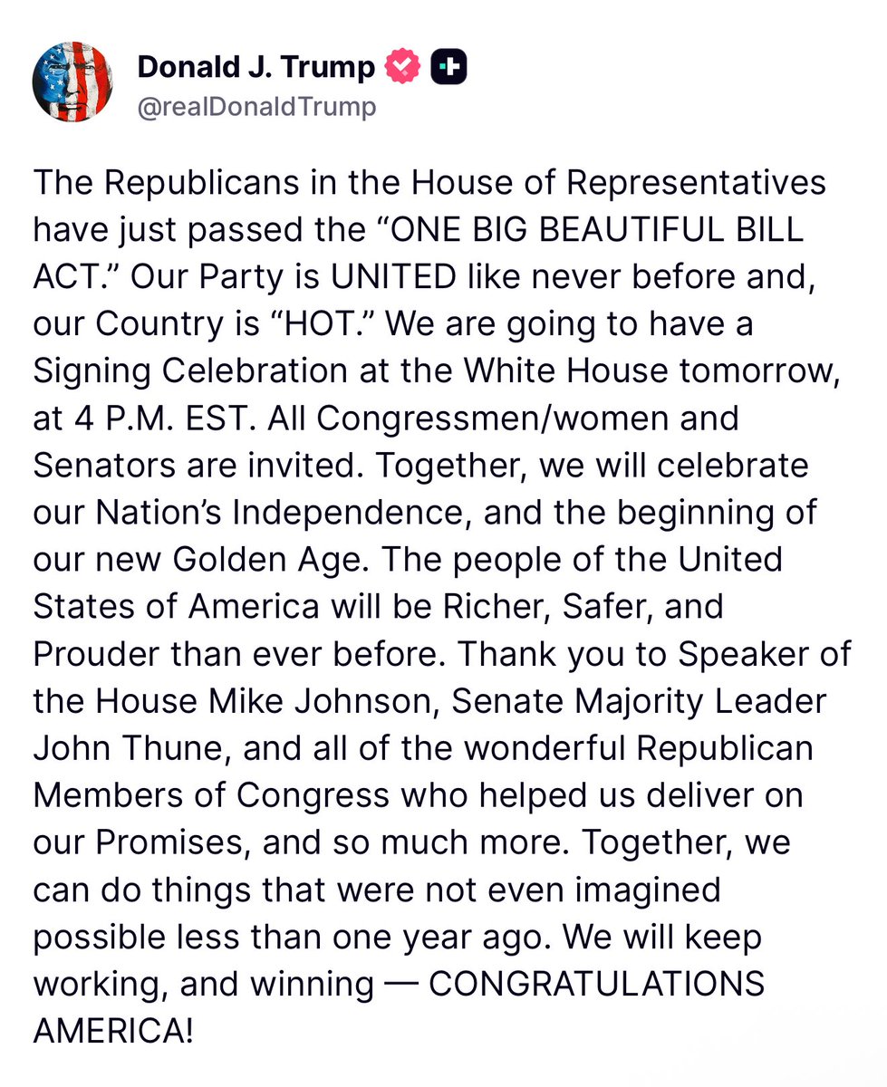 🚨最新消息：川普总统签署《大而美法案》的庆祝活动将于7月4日下午4:00开始🔥

“只要我们齐心协力，就能成就不到一年前我们甚至无法想象的事情。我们将继续努力，并最终获胜——祝贺美国！”