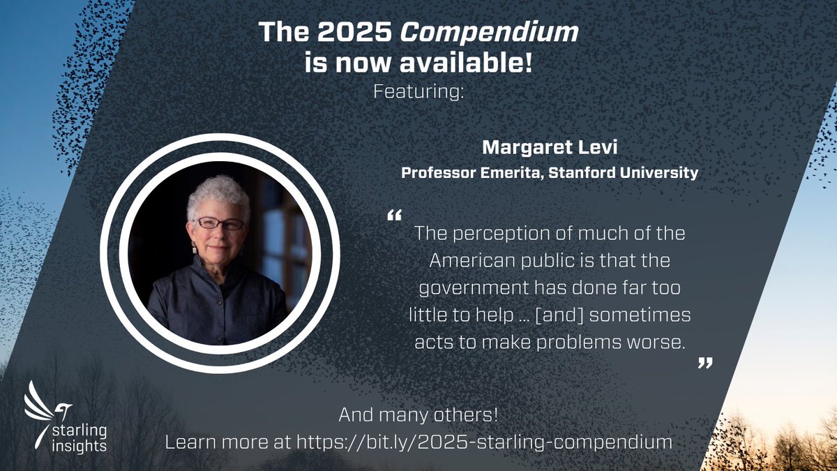 StarlingTrust's tweet image. Don't miss our interview with Margaret Levi, Professor Emerita of Political Science at @Stanford, in our 2025 Compendium!
Levi explores the conditions under which governments — and by extension, major institutions — earn public trust and legitimacy. She argues that governments…
