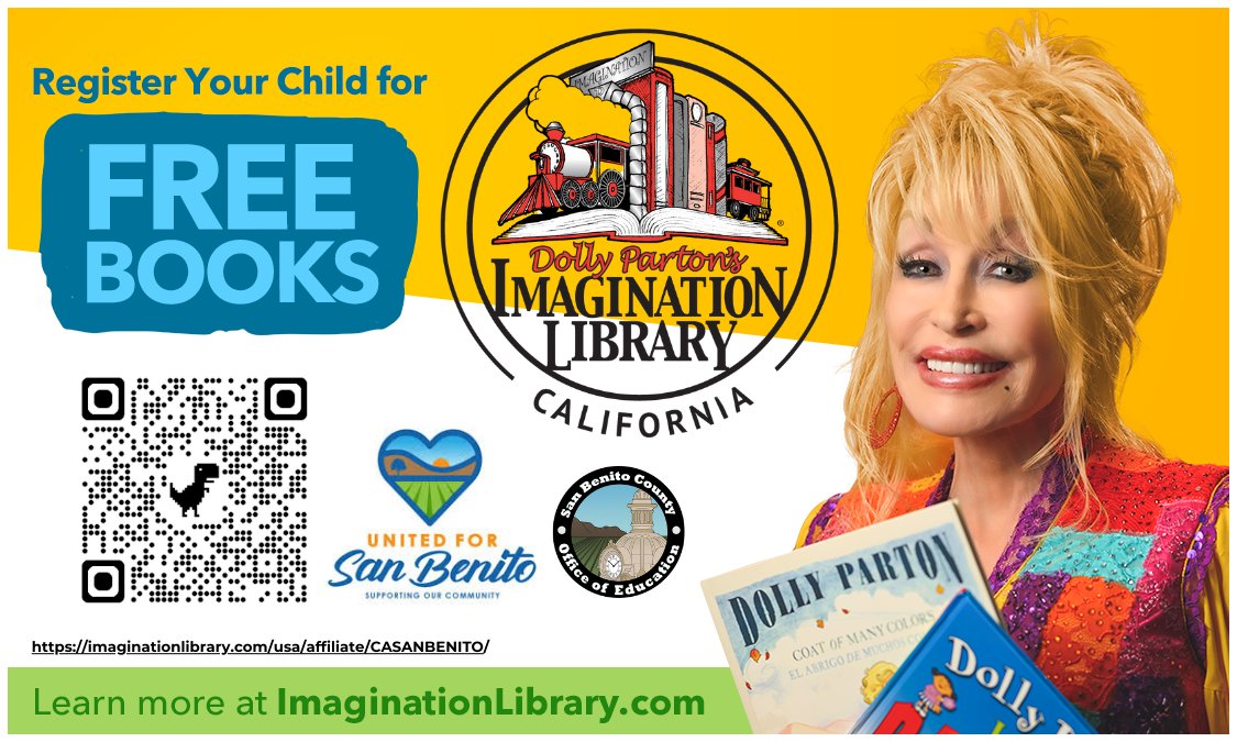 SBCOE95023's tweet photo. Parents! EVERY child under 5 in San Benito County can register to receive a free book mailed  to them each month until they are 5 through the Dolly Parton Imagination Library. Scan the QR code below and follow the instructions or call 831-637-5393 extension 126. #sbcoeEducates https://t.co/H7R9GOmYX0
