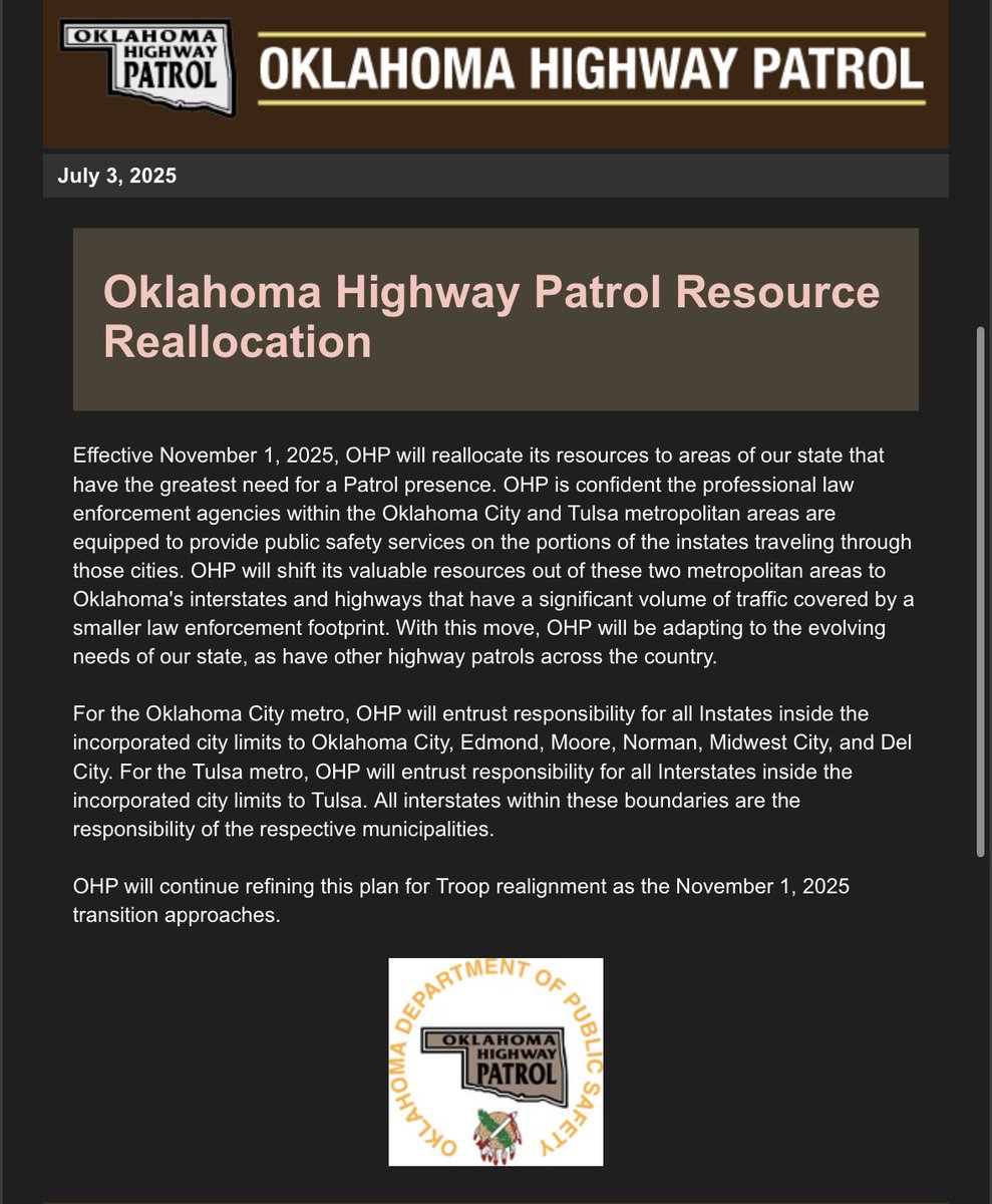 Abigail Ogle📝 (@kocoabigail) on Twitter photo 🚨TAKING OVER FOR OHP: As I first reported earlier this week, big changes coming to Oklahoma Highway Patrol in the metro. Starting later this year, police from OKC, Edmond, Moore, Norman, and MWC will be handling crashes and calls on metro interstates. Similar move for Tulsa. 🚨TAKING OVER FOR OHP: As I first reported earlier this week, big changes coming to Oklahoma Highway Patrol in the metro. Starting later this year, police from OKC, Edmond, Moore, Norman, and MWC will be handling crashes and calls on metro interstates. Similar move for Tulsa.