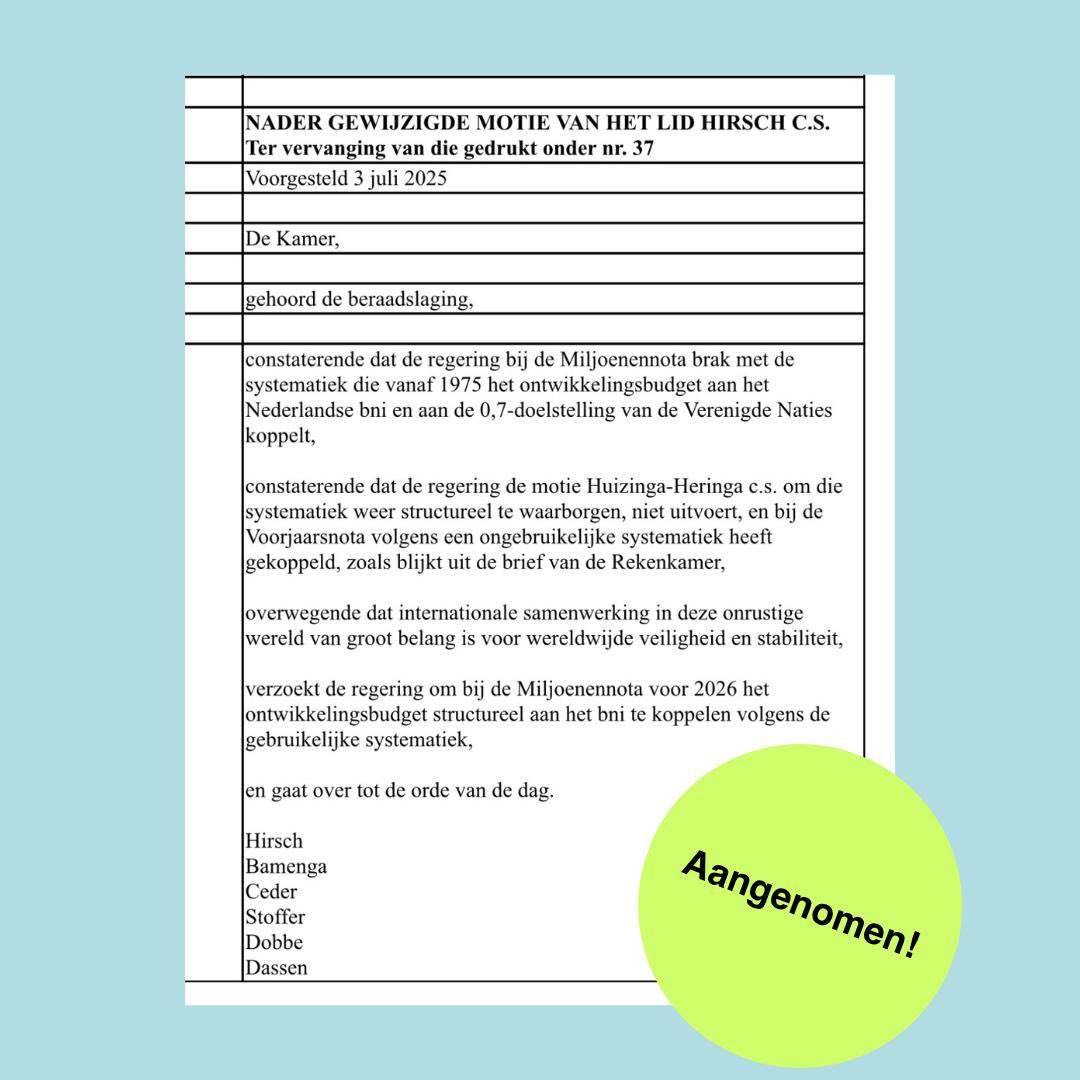 Eindelijk gelukt!  
 
Het dramatische besluit van dit kabinet om de koppeling van ontwikkelingssamenwerking aan onze economie na 50 jaar los te laten is teruggedraaid. 

Wij geloven in de kracht van solidariteit. Want samen staan we sterker!