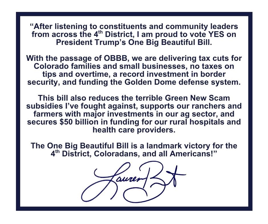 RepBoebert's tweet image. The OBBB is a victory for the 4th District, Colorado, and all of America!