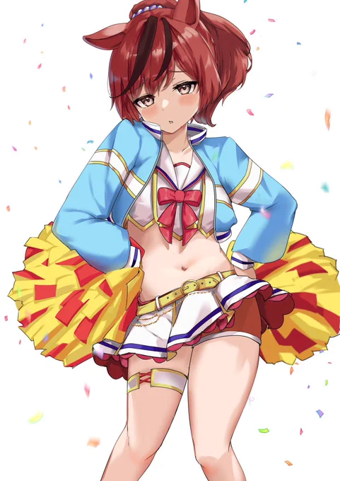 This is Nice Nature's cheerleader outfit! She doesn't think there's much demand for someone like her to wear something that shows her tummy, but honestly, I think it suits her better than anyone #umamusume