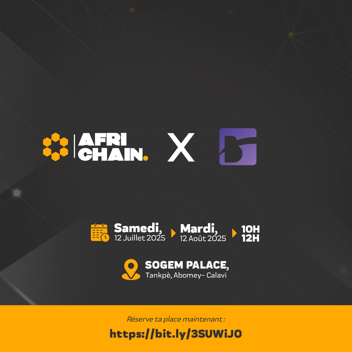 Africhain's tweet photo. 🤝Nous sommes ravis d’annoncer notre collaboration avec Block-Bridge,un acteur clé de la Blockchain.
🗓️12 juillet→12 août 2025
📍SOGEM PALACE,Tankpè, Abomey-Calavi,
pour une série de découvertes autour du Web3
🔗Réserve ta place: https://t.co/7MmuZPGqFC
#Africhain #BlockBridge https://t.co/CECKdLaAZN