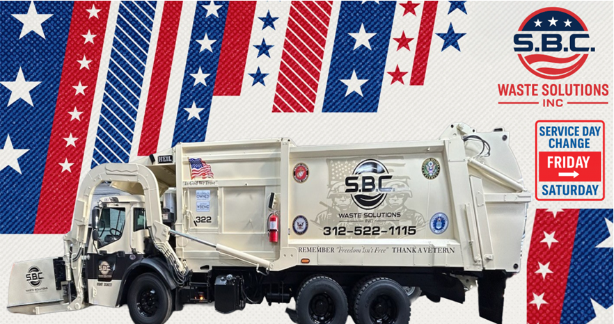 SBC_Waste's tweet photo. Friday pickups move to Saturday this week!

While you honor freedom, we’ll handle the cleanup.

💪 #RedWhiteAndBlueBins
#July4th #ServiceUpdate #SBCWaste #WomenOwned #ChicagolandHauler #IndependenceDay https://t.co/BKtOKJlYIN