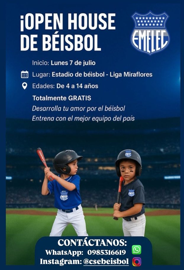 CSEBeisbol's tweet photo. ¡Haz parte del equipo más querido y ganador del béisbol ecuatoriano!

Visítanos en nuestro Open House e intégrate al club que marcó la historia del béisbol nacional. @CSEmelec https://t.co/hMXaeiL1Rb