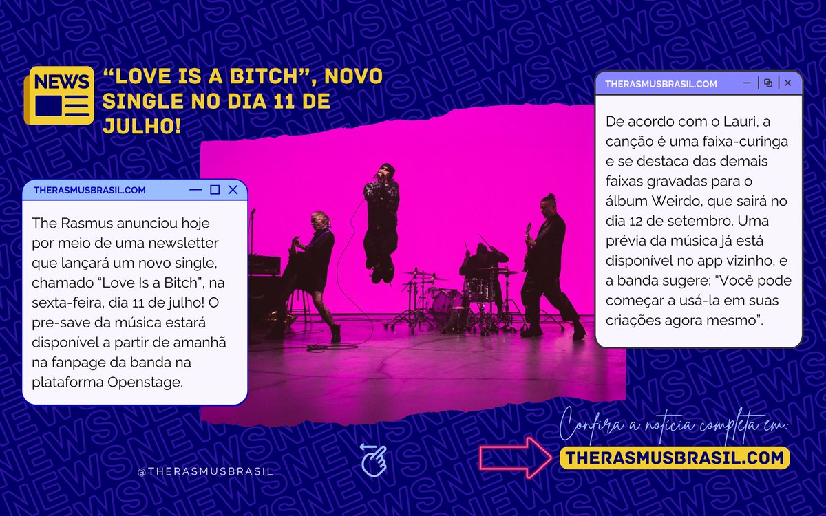 TheRasmusBrasil's tweet photo. The Rasmus lançará um novo single chamado “LOVE IS A BITCH” no dia 11 de julho! 🆕🎧

A canção será o 4º single do próximo álbum Weirdo, cujo lançamento está programado para acontecer no dia 12 de setembro! 💿🎉

Saiba todos os detalhes no nosso site: https://t.co/jk6oy1kMIv https://t.co/rSzX1hQSKp