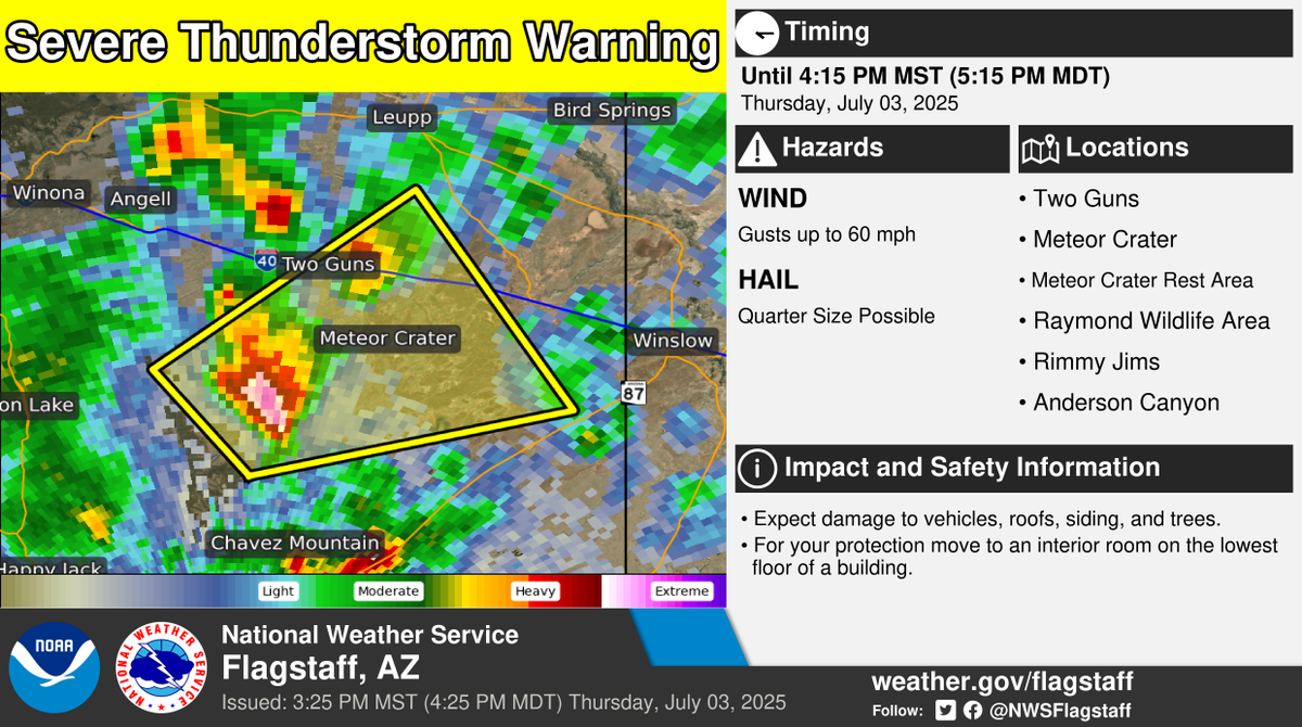 ⚠️ Severe Thunderstorm Warning ⚠️ in effect until 4:15 PM MST (5:15 PM MDT) for portions of Coconino County.

This includes Two Guns, Meteor Crater, Meteor Crater Rest Area, Raymond Wildlife Area, Rimmy Jims, and Anderson Canyon. More info: weather.gov/fgz/wwa?wfo=KF…. #azwx