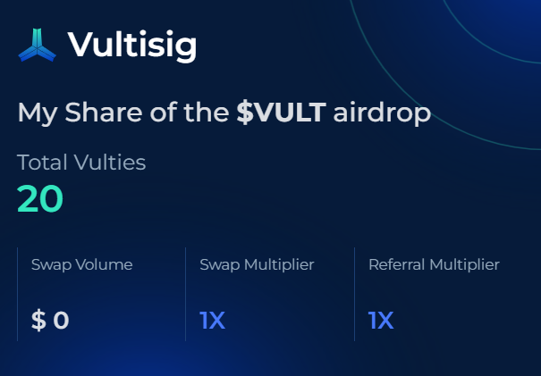 Vultisig (VULT) (@vultisig) on Twitter photo ๐ฏ Have you checked the new Airdrop Season yet?
Letโs make it interesting.
Weโre giving away $50 USDC ๐ธ
โ 5 winners get $10 each
Hereโs how to enter:
1๏ธโฃ Open the airdrop page โ Achievement
2๏ธโฃ Tap Share, copy image
3๏ธโฃ Quote this tweet with the pic
Let the flexing begin ๐ง ๐ช ๐ฏ Have you checked the new Airdrop Season yet?
Letโs make it interesting.
Weโre giving away $50 USDC ๐ธ
โ 5 winners get $10 each
Hereโs how to enter:
1๏ธโฃ Open the airdrop page โ Achievement
2๏ธโฃ Tap Share, copy image
3๏ธโฃ Quote this tweet with the pic
Let the flexing begin ๐ง ๐ช