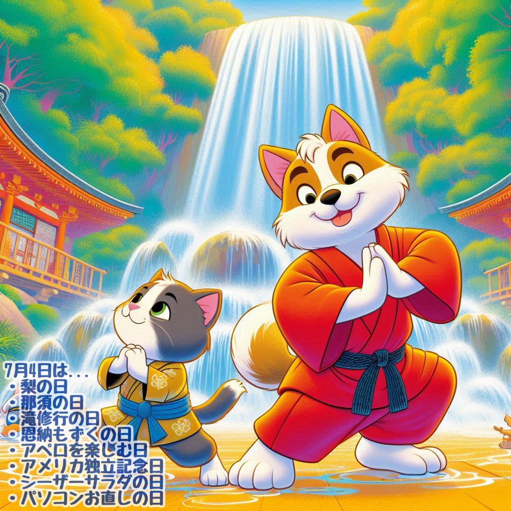 7月4日は...❶梨の日❷那須の日❸滝修行の日❹恩納もずくの日❺アペロを楽しむ日❻アメリカ独立記念日❼シーザーサラダの日❽パソコンお直しの日❾和服・洋服お直しの日➓ファッションお直しの日... ①"な(7)し(4)"の語呂合わせから、鳥取県東郷町(現・湯梨浜町)の"東郷町二十世紀梨を大切にする町づく