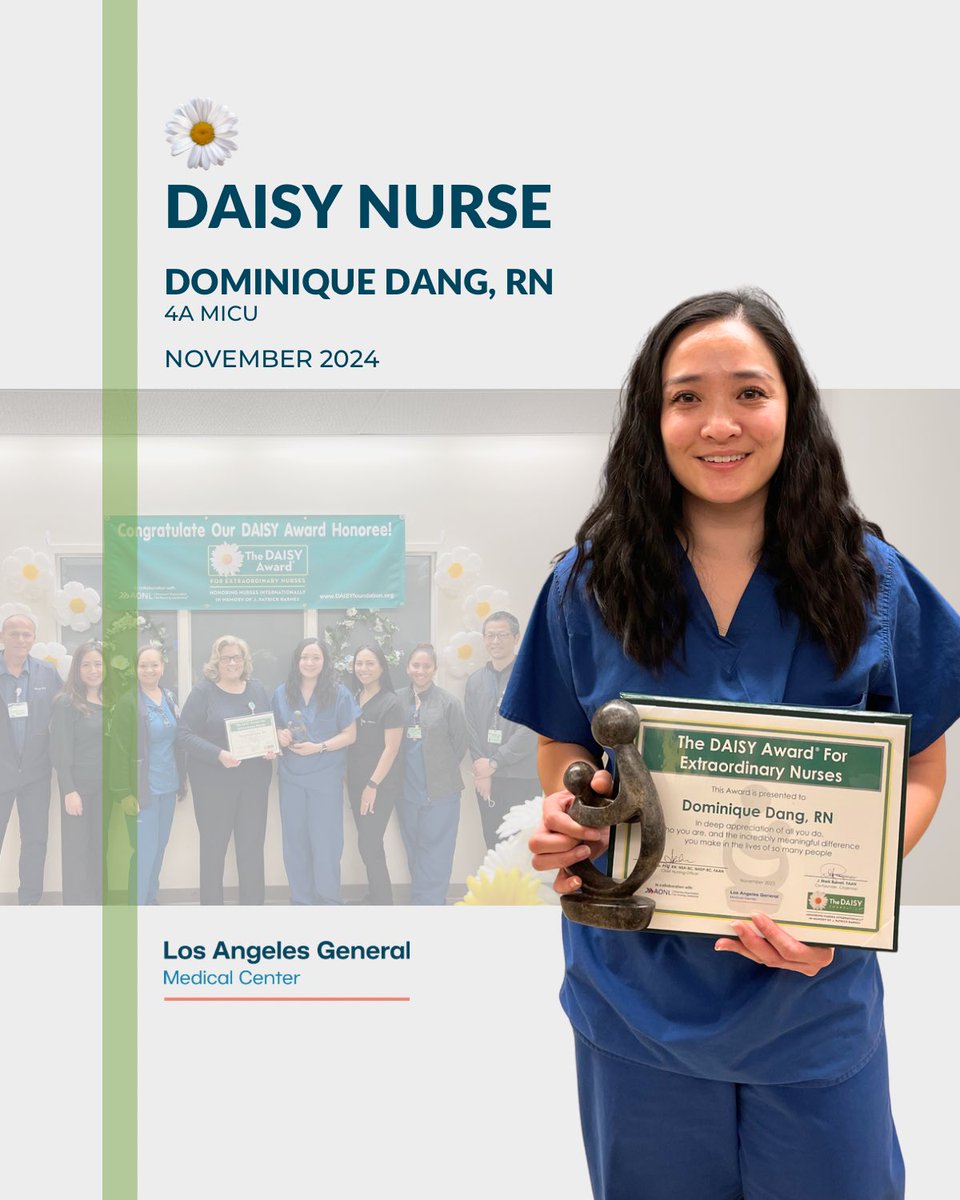 LAGeneralMed's tweet image. 🌼 Congrats to Dominique Dang, RN (4A MICU), our Nov 2023 DAISY Award honoree! Recognized for her compassion, skill, and teamwork—from supporting families during crisis to uplifting coworkers with kindness. Thank you, Dominique! 💛👏
