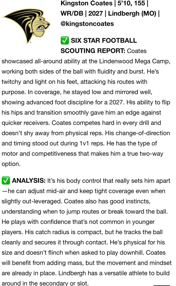 kingston.coates5 (@kingstoncoates) on Twitter photo Thank you <a href="/sixstarfootball/">Six Star Football | PLUS+</a> for the recognition at the <a href="/LindenwoodFB/">Lindenwood Football</a> camp! Excited for a big junior year. #FLY Thank you <a href="/sixstarfootball/">Six Star Football | PLUS+</a> for the recognition at the <a href="/LindenwoodFB/">Lindenwood Football</a> camp! Excited for a big junior year. #FLY